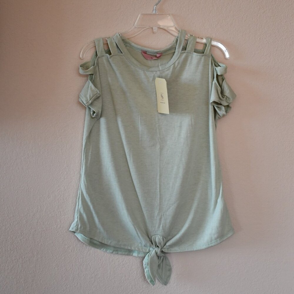 SJS Jesse J Women's Sage Green Short Cage Sleeve Front Knot Top Size Small